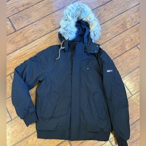 Tommy Hilfiger Tech Bomber Coat mens L black faux fur hood zip insulated parka